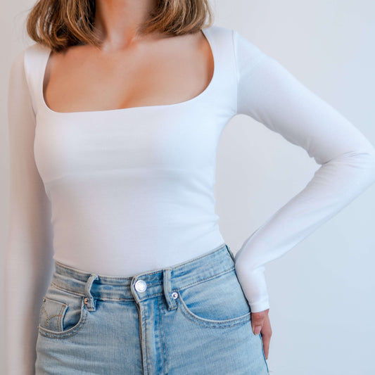 T-shirt manches longues col carré blanc