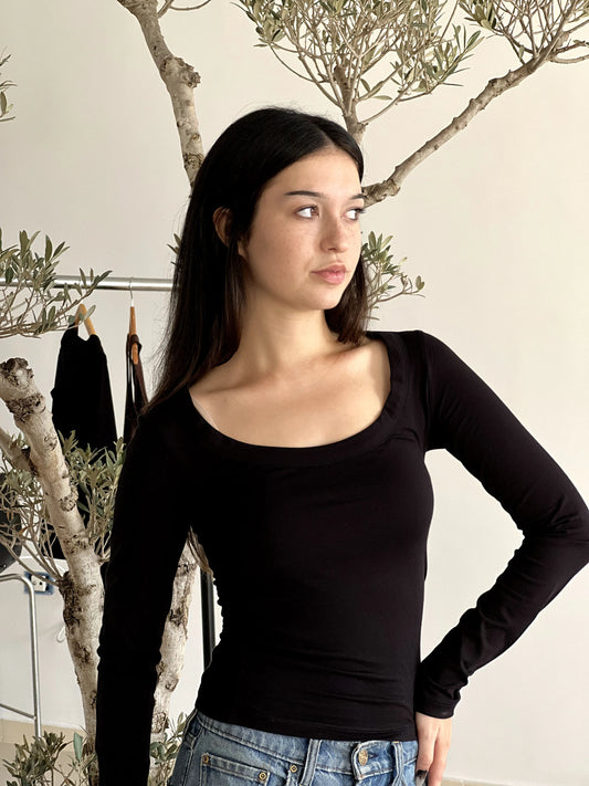 T-shirt manches longues col U noir