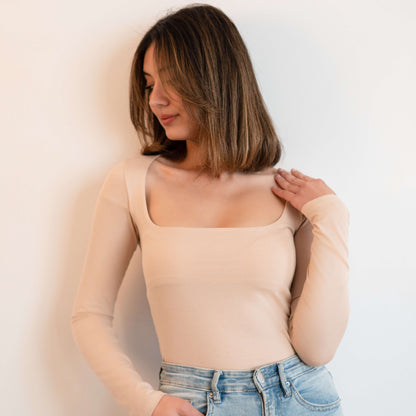 T-shirt manches longues col carré beige