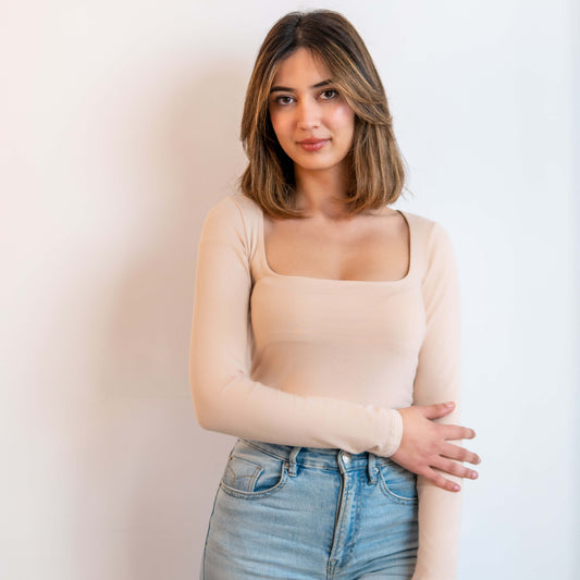 T-shirt manches longues col carré beige