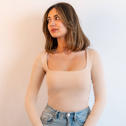T-shirt manches longues col carré beige