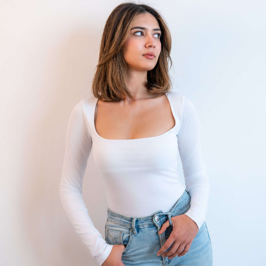 T-shirt manches longues col carré blanc