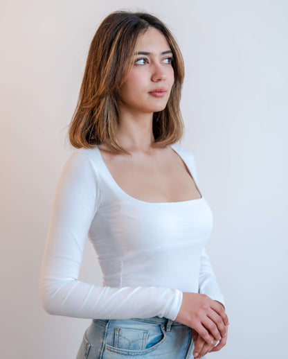 T-shirt manches longues col carré blanc