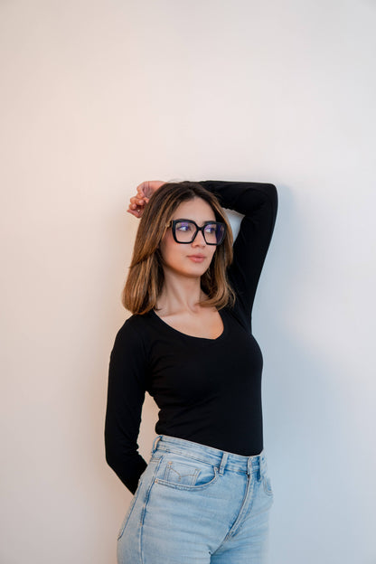 T-shirt manches longues col V noir