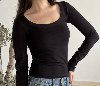 T-shirt manches longues col U noir