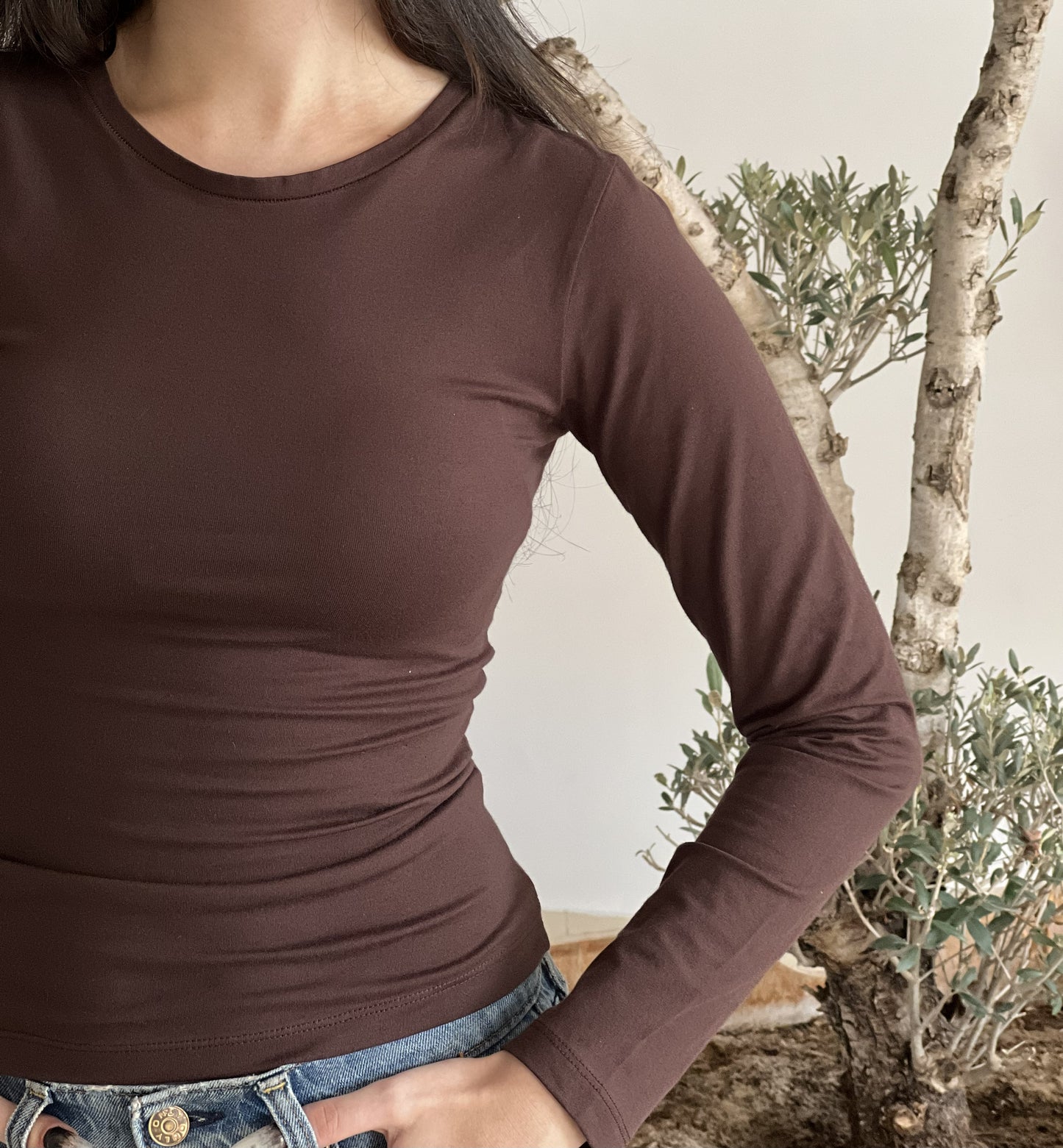 T-shirt manches longues col rond marron