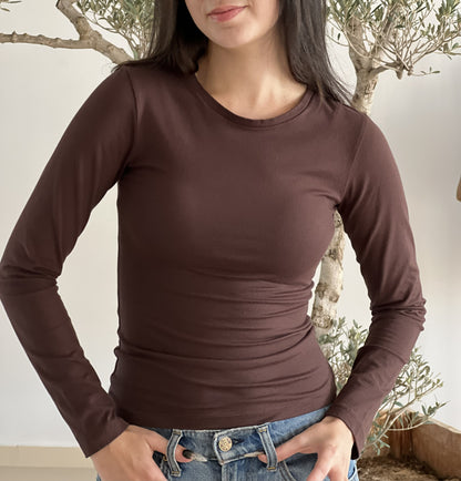 T-shirt manches longues col rond marron