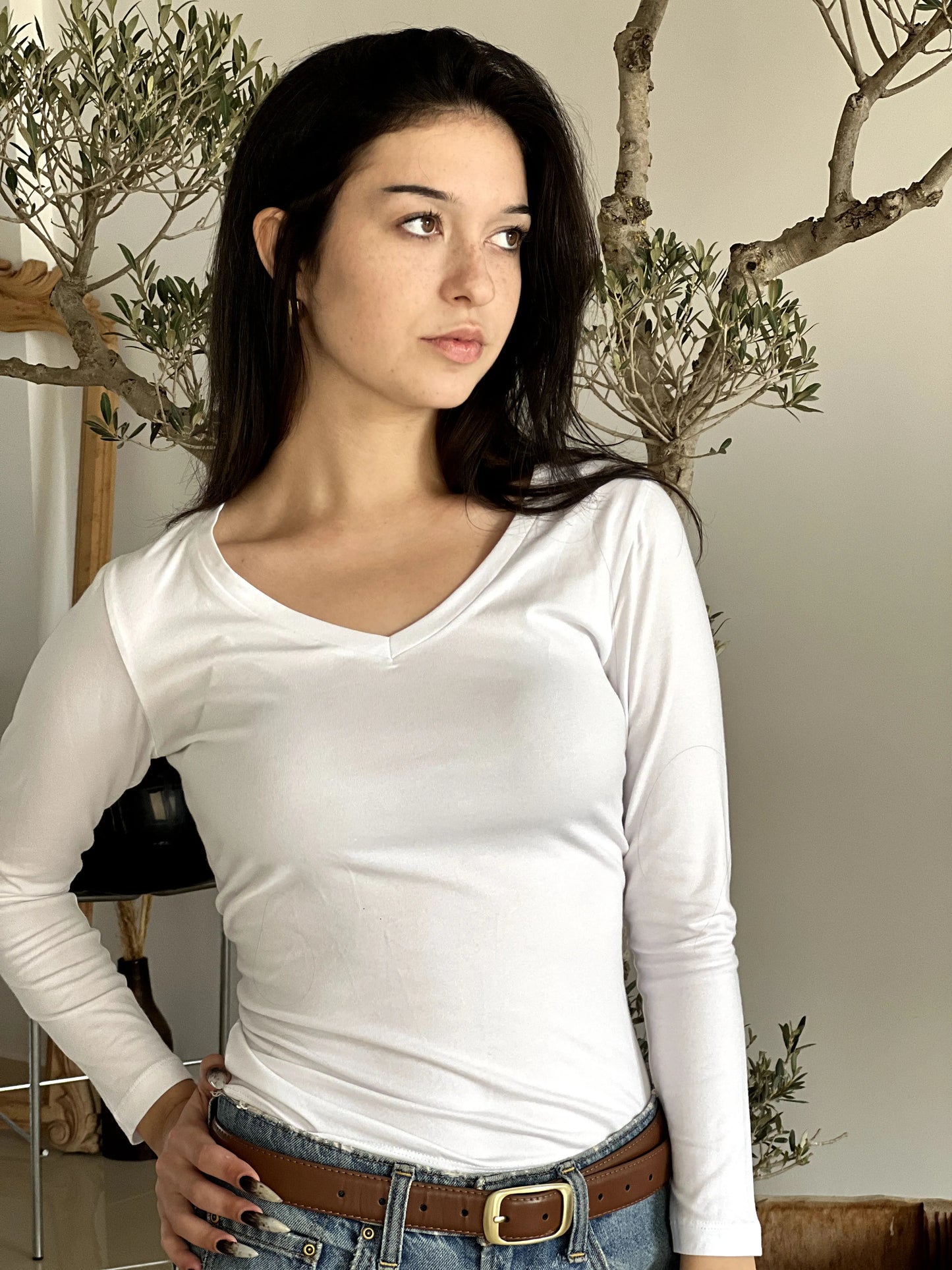 T-shirt manches longues col V blanc