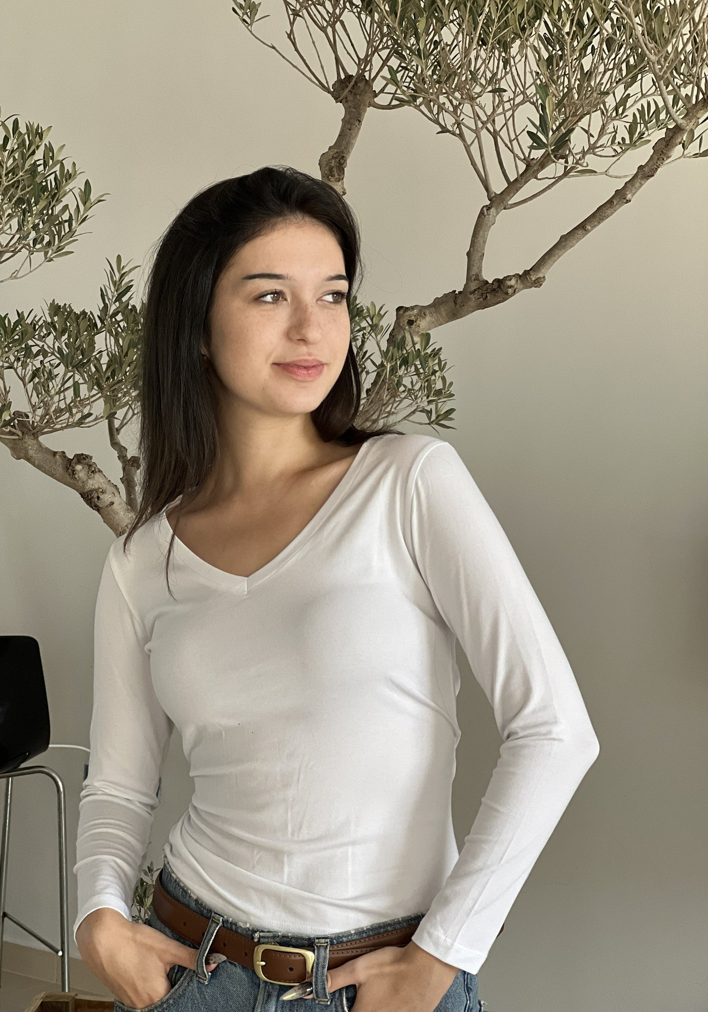 T-shirt manches longues col V blanc