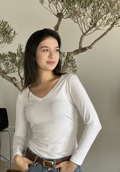 T-shirt manches longues col V blanc