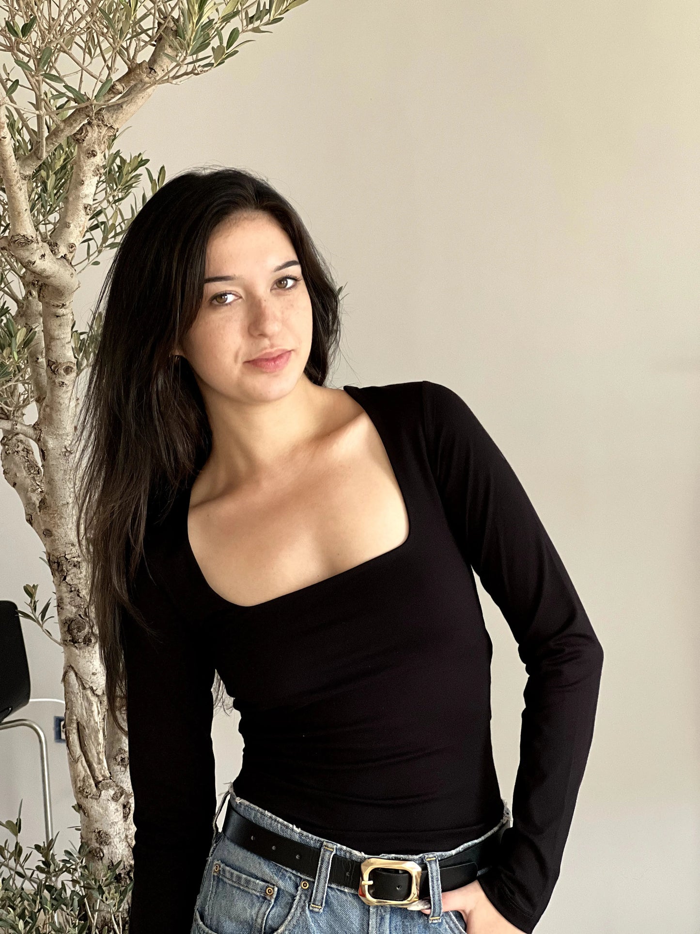 T-shirt manches longues col carré noir