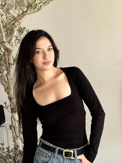 T-shirt manches longues col carré noir